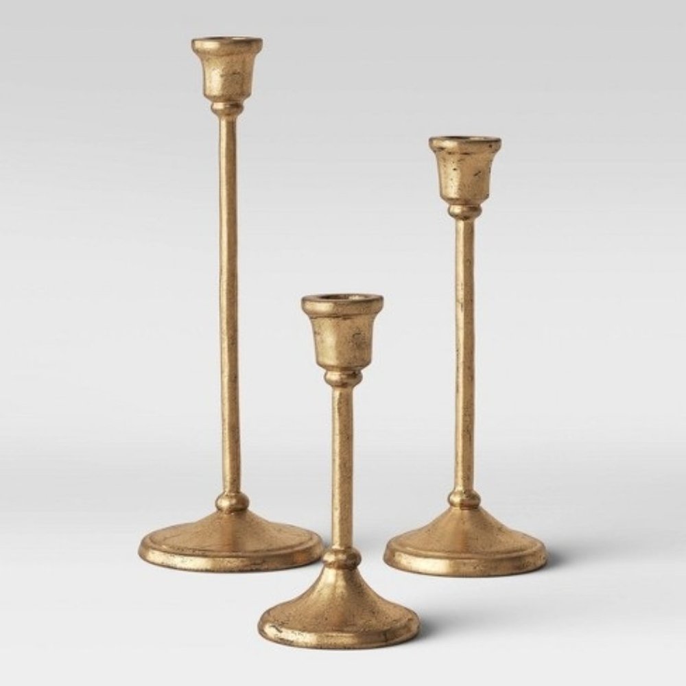 3pc Aluminum Taper Candle Holders Gold - Threshold